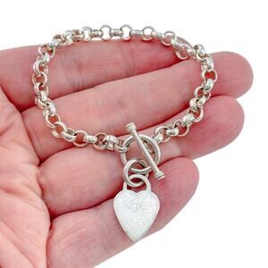 Vintage Sterling Silver 925 Heart Charm Toggle Bracelet 7"